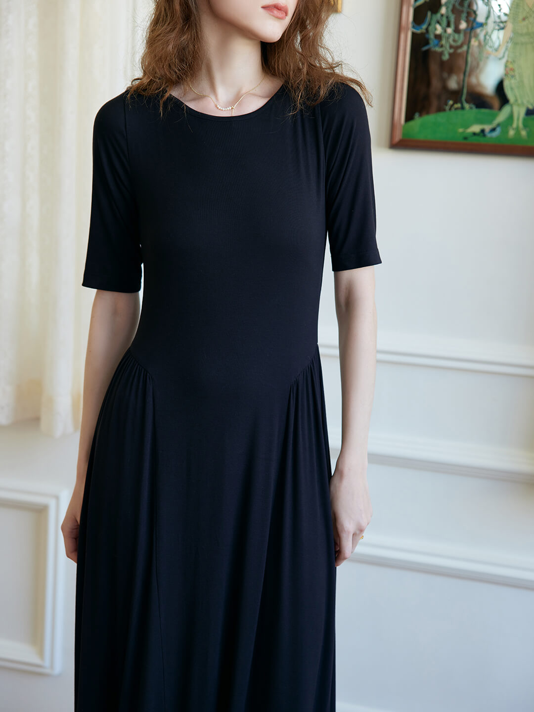 Joanna Back Lace-up Black Knitted Midi Dress/Simple Retro/55178