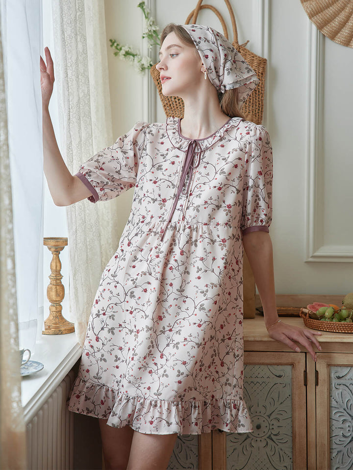 Marie Printed Brown Babydoll Dress/SIMPLE RETRO