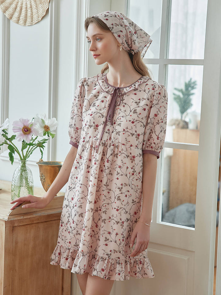 Marie Printed Brown Babydoll Dress/SIMPLE RETRO