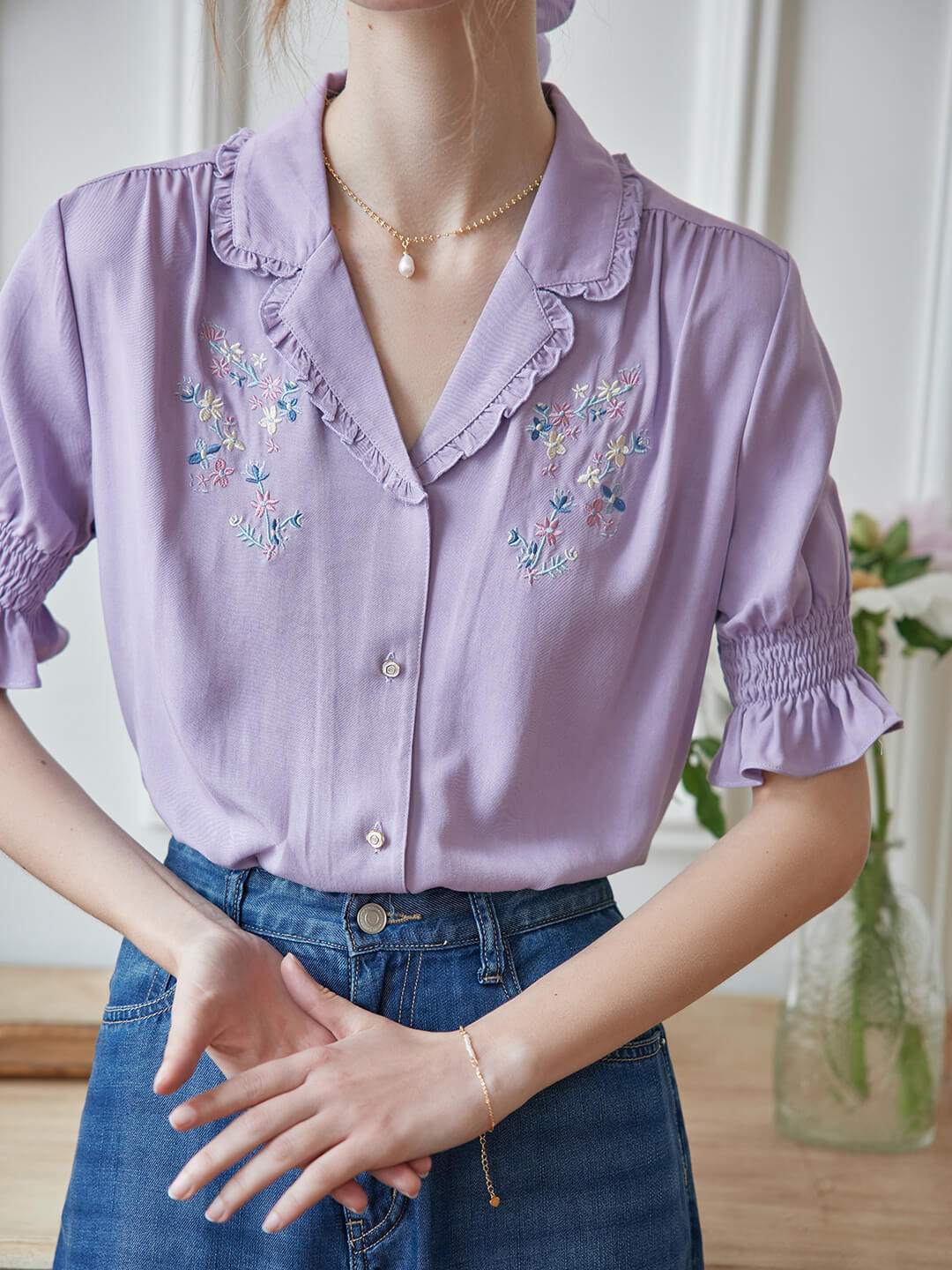 Alicia Floral Embroidery V-Neck Purple Blouse/SIMPLE RETRO