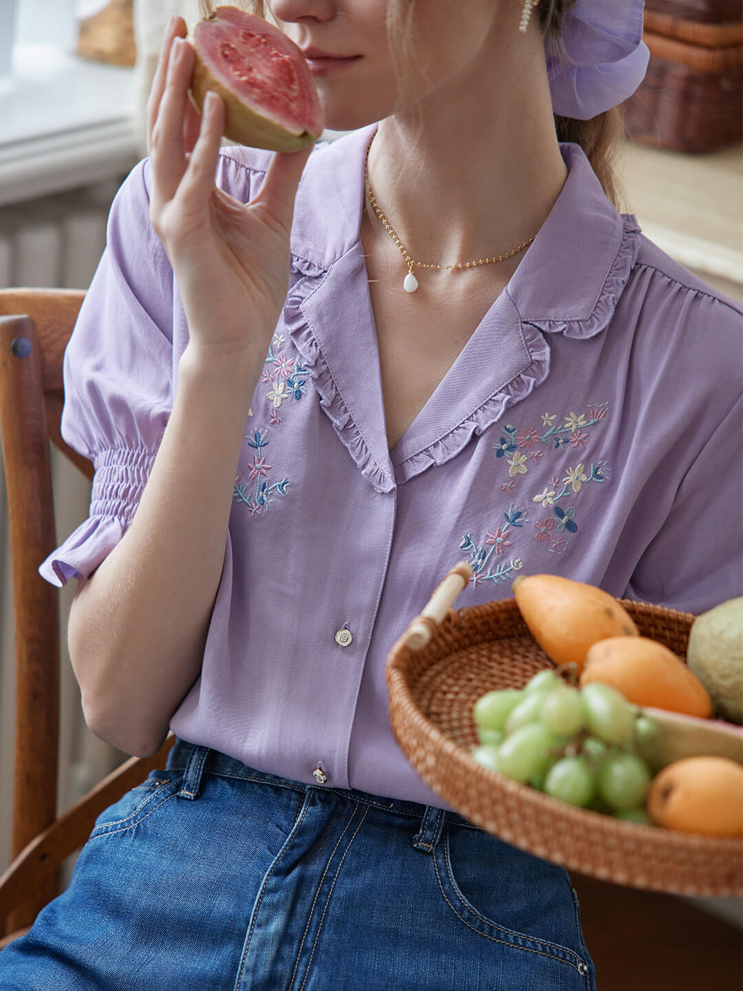 Alicia Floral Embroidery V-Neck Purple Blouse/SIMPLE RETRO