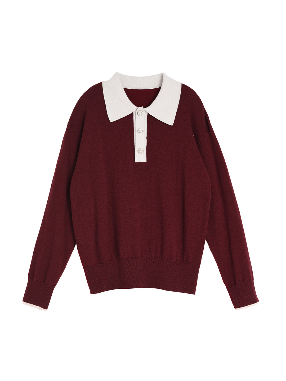 Selena Polo Contrast Collar 100% Wool Wine Red Knit Sweater/Simple Retro/11519