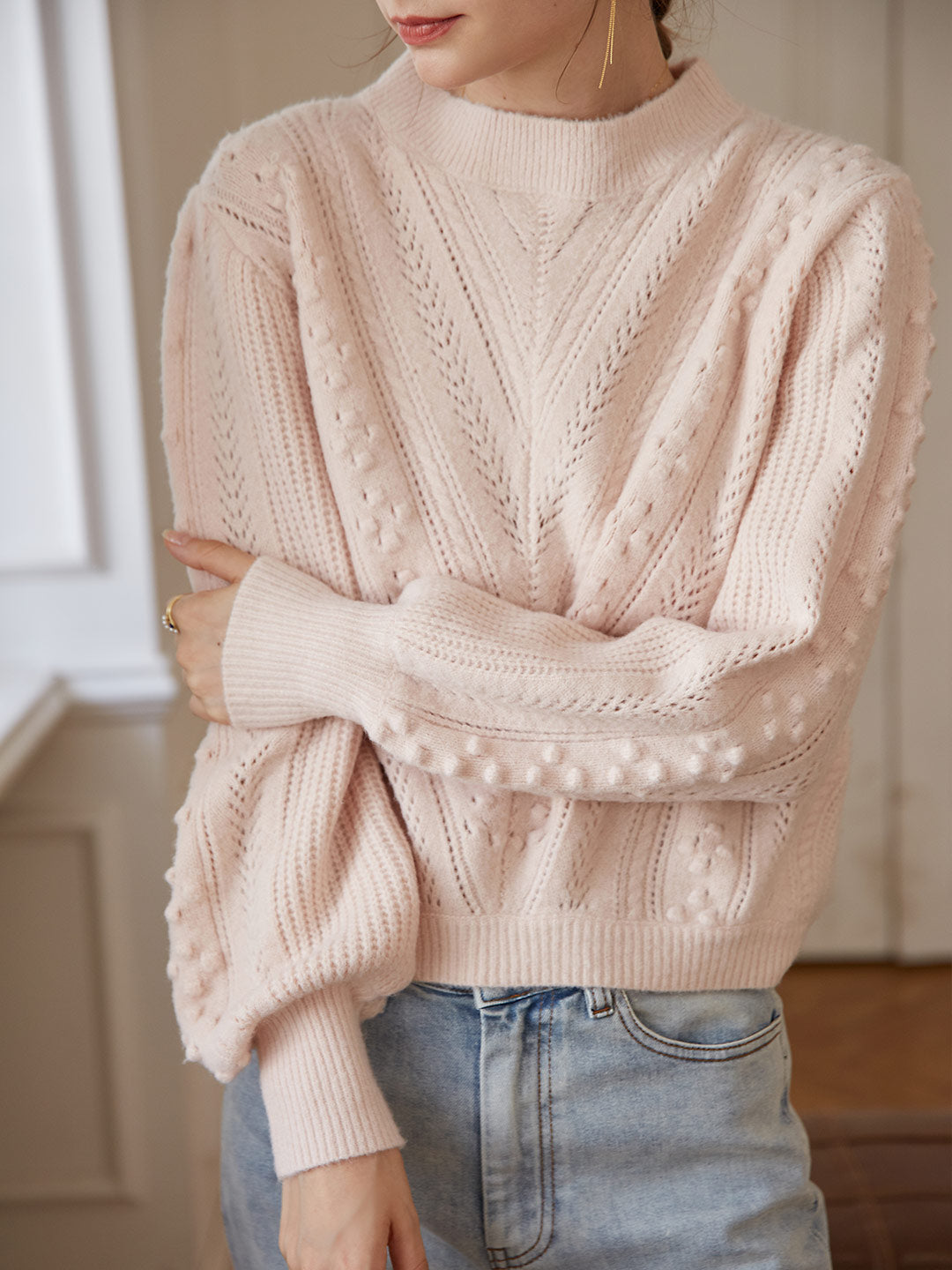 Aimee Cable Chunky Puff Sleeved Creamy Pink Knit Sweater 2026