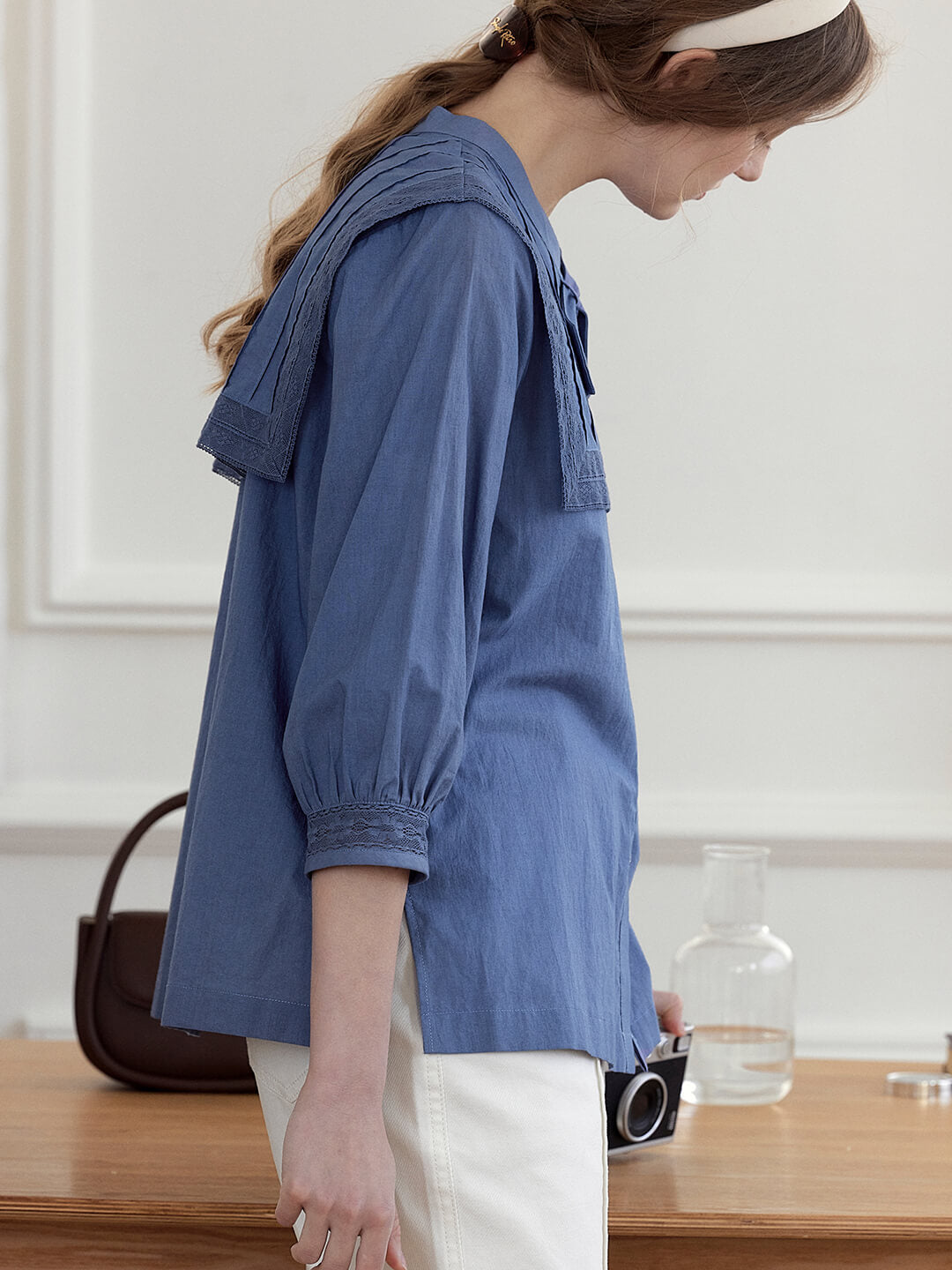 Adelina Navy Collar Embroidered 3/4 Sleeve Blouse