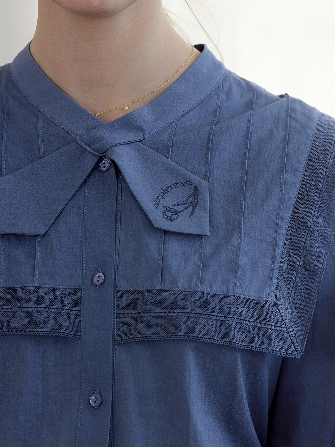 Adelina Navy Collar Embroidered 3/4 Sleeve Blouse