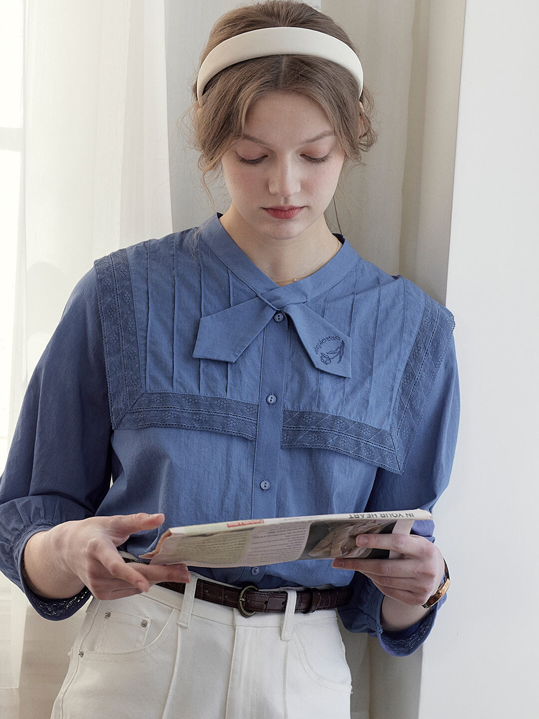 Adelina Navy Collar Embroidered 3/4 Sleeve Blouse