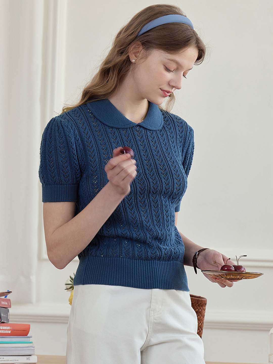 Kamryn Small Lapel Hollow Short Sleeve Knit Top