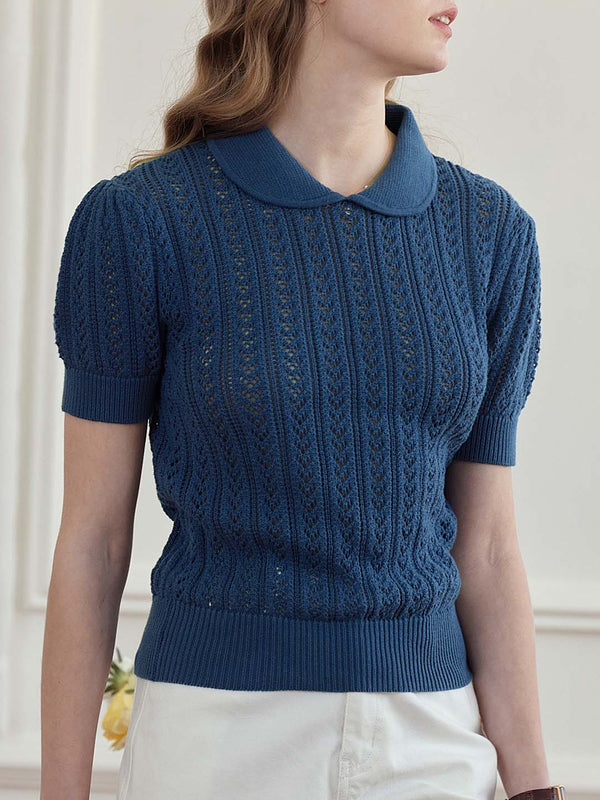 Kamryn Small Lapel Hollow Short Sleeve Knit Top