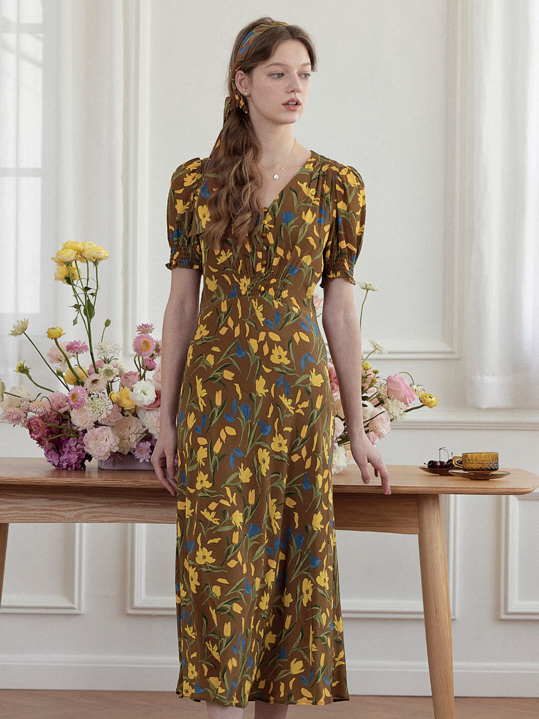 Bianca V-Neck Tulip Puff Sleeve Dress