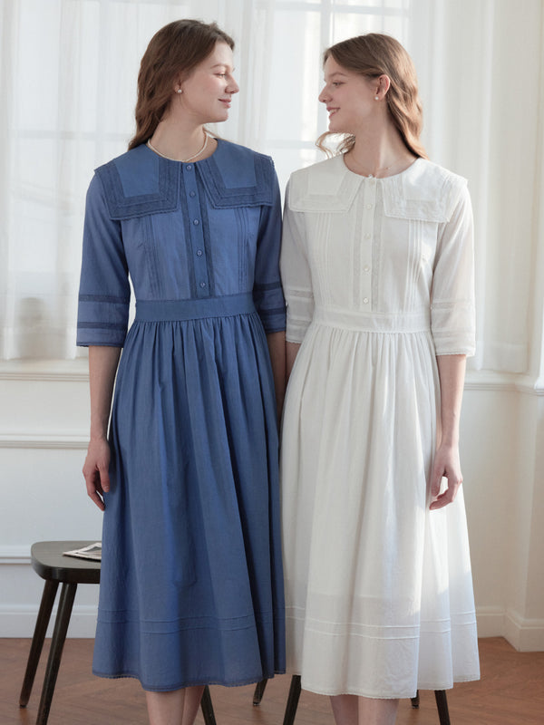 Maia Victorian Navy Neck Lace Dress