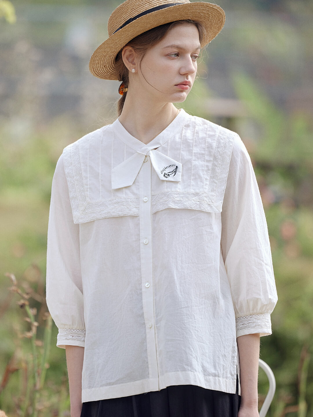 Adelina Navy Collar Embroidered 3/4 Sleeve Blouse