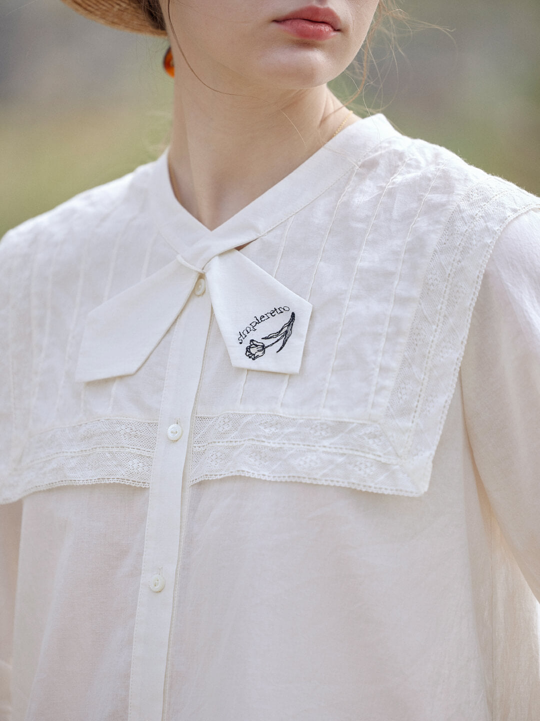 Adelina Navy Collar Embroidered 3/4 Sleeve Blouse