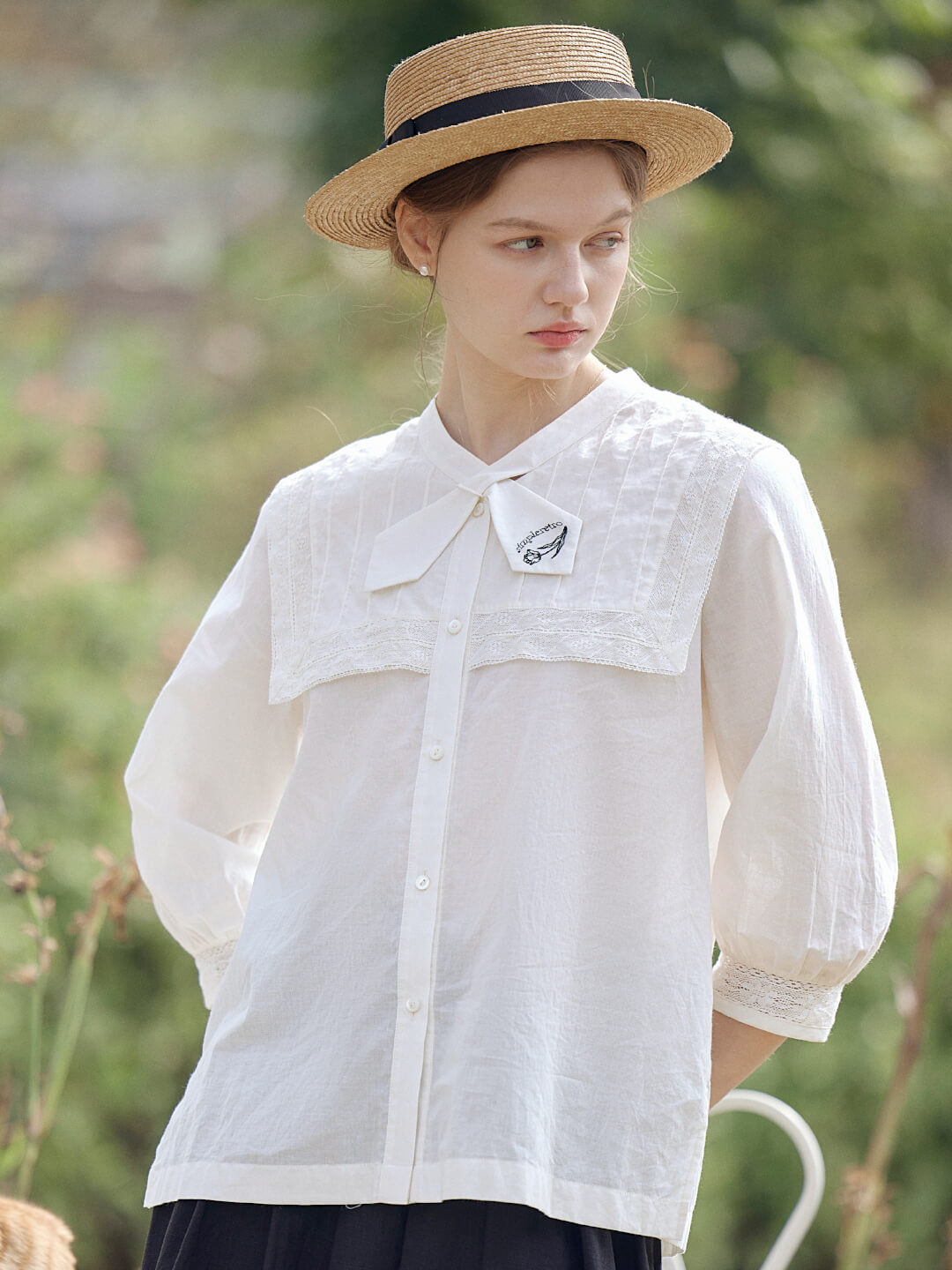 Adelina Navy Collar Embroidered 3/4 Sleeve Blouse