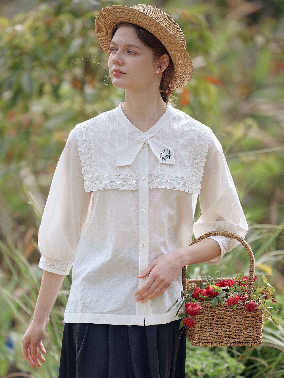 Adelina Navy Collar Embroidered 3/4 Sleeve Blouse