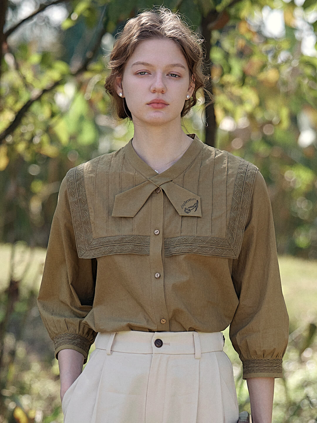 Adelina Navy Collar Embroidered 3/4 Sleeve Blouse