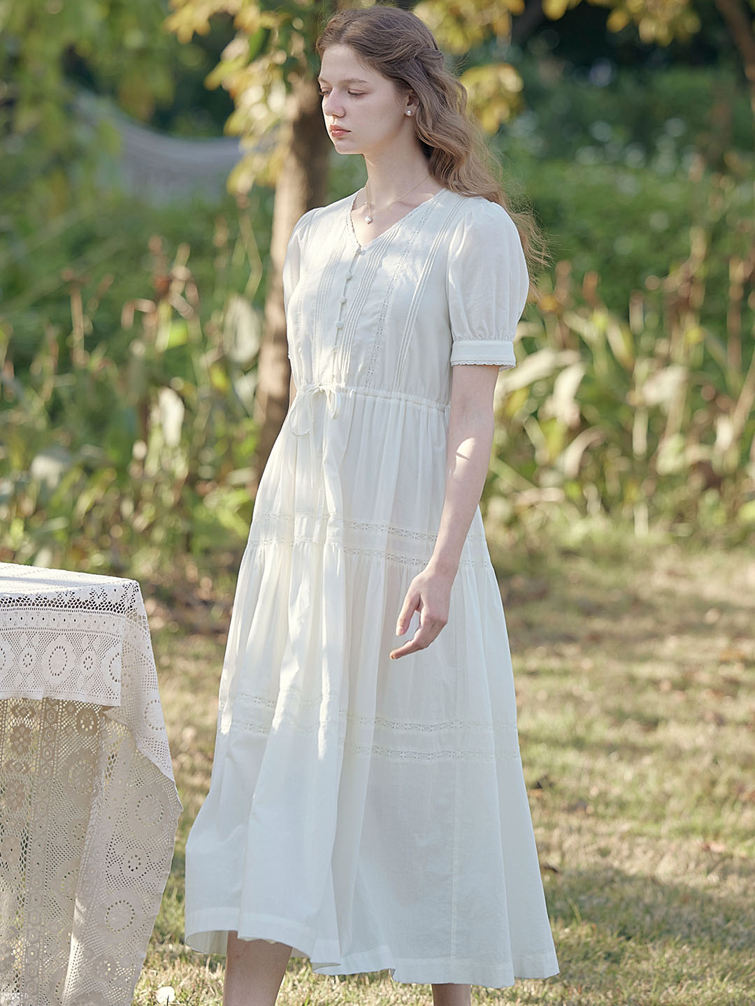 Hattie V-Neck Puff Sleeve Lace Panel Dress