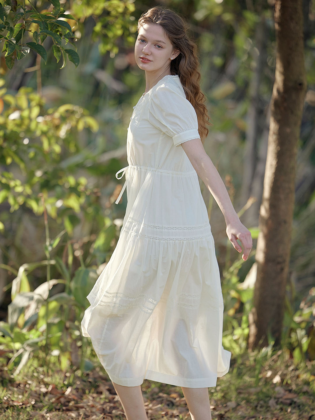Hattie V-Neck Puff Sleeve Lace Panel Dress