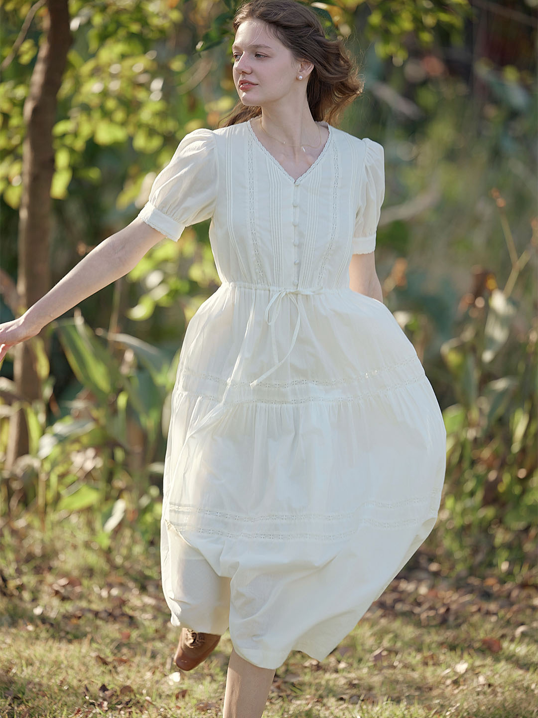 Hattie V-Neck Puff Sleeve Lace Panel Dress
