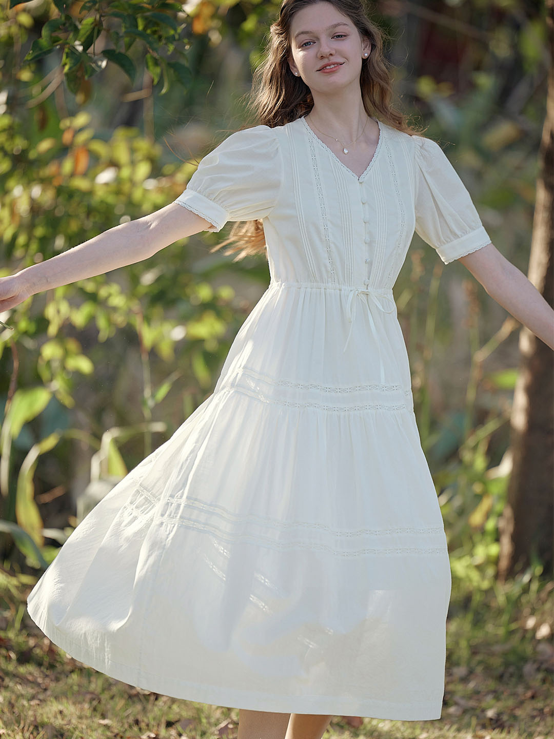 Hattie V-Neck Puff Sleeve Lace Panel Dress