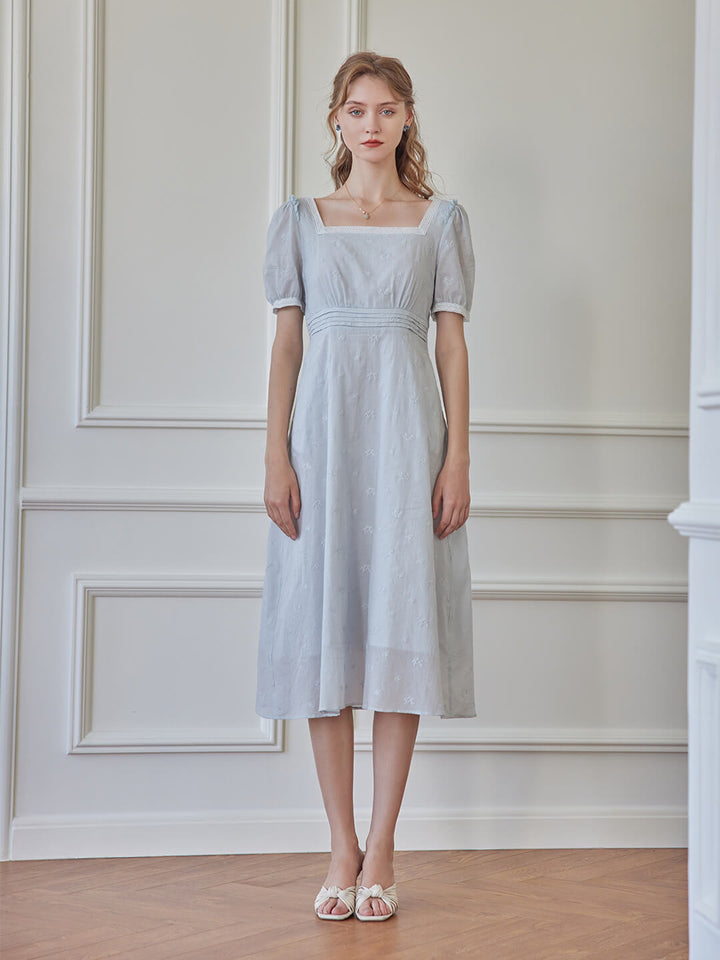 Angie Puff Sleeve Blue Embroidered Dress/Simple Retro/66062