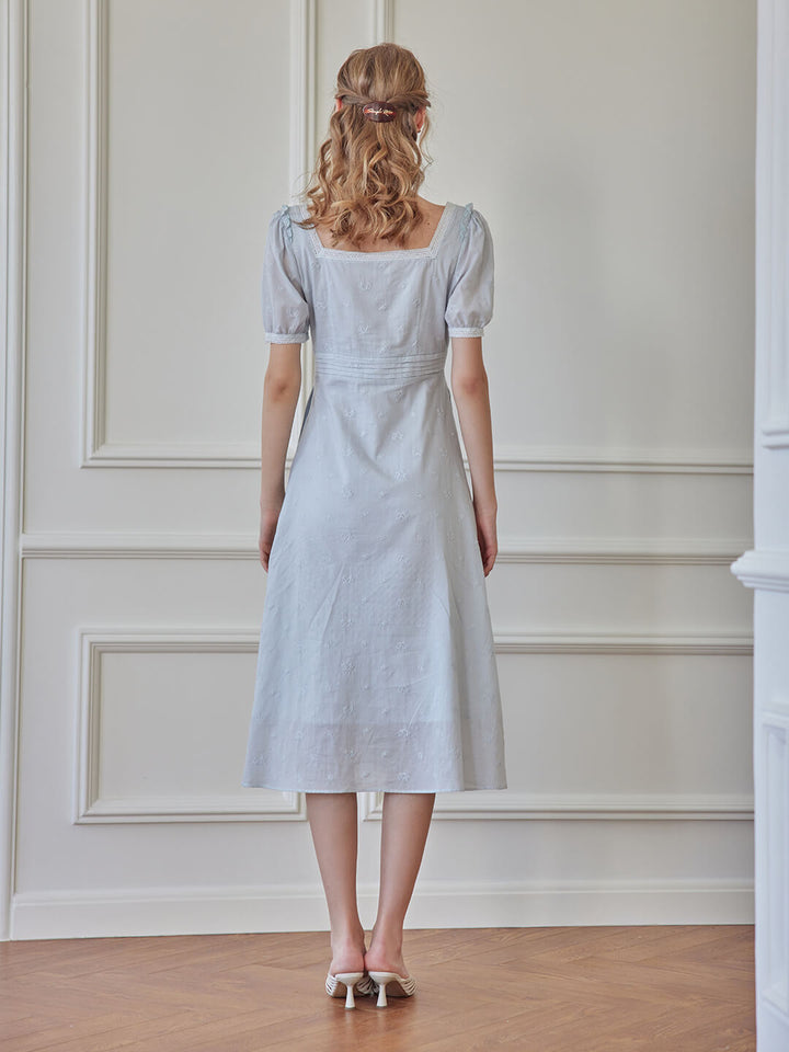 Angie Puff Sleeve Blue Embroidered Dress/Simple Retro/66062