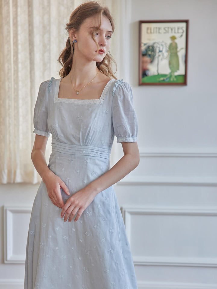 Angie Puff Sleeve Blue Embroidered Dress/Simple Retro/66062
