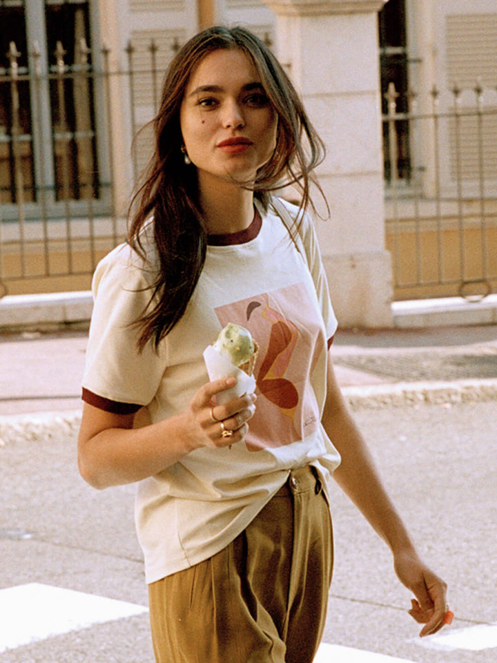Apolline Red Lip Graphic Yellow T-Shirt/Simple Retro/55156
