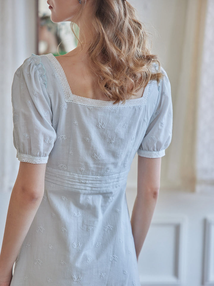 Angie Puff Sleeve Blue Embroidered Dress/Simple Retro/66062