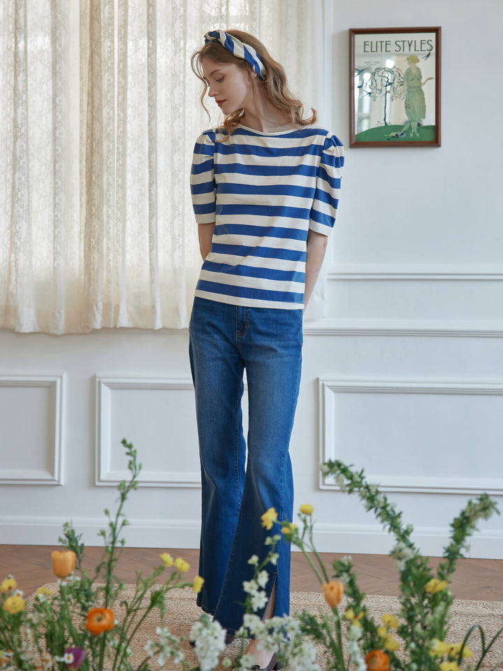 Arya Puff Sleeve Blue Striped T-Shirt/SIMPLE RETRO