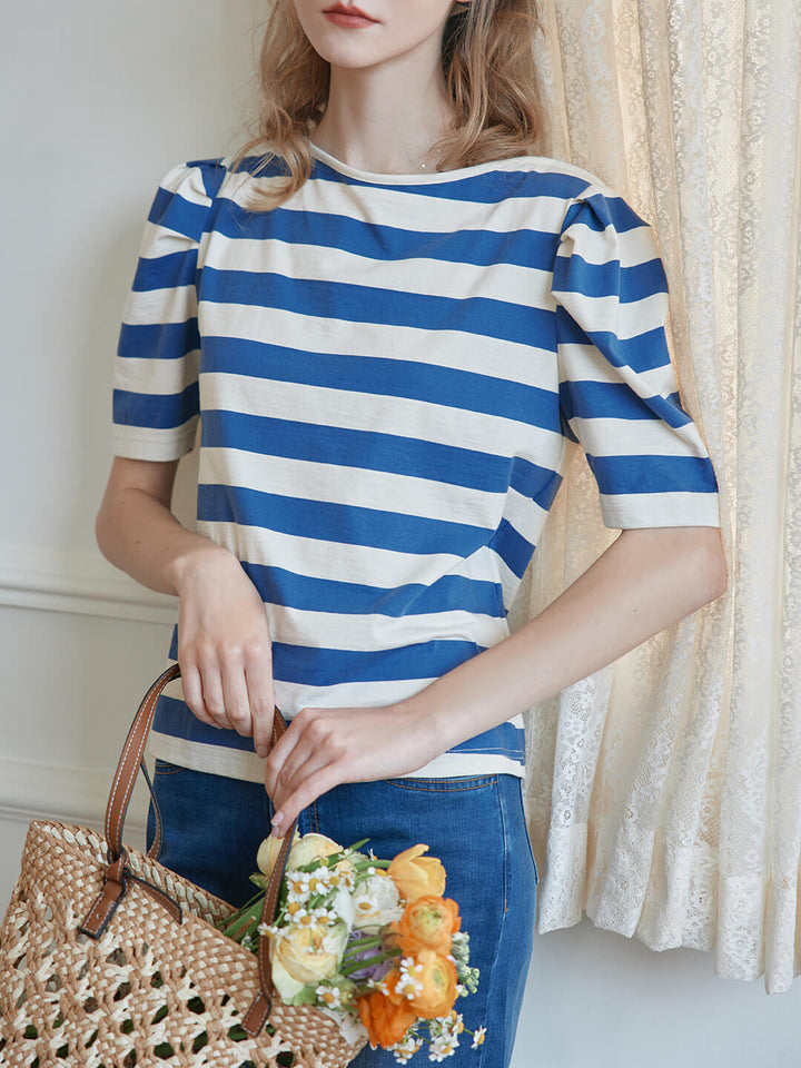 Arya Puff Sleeve Blue Striped T-Shirt/SIMPLE RETRO