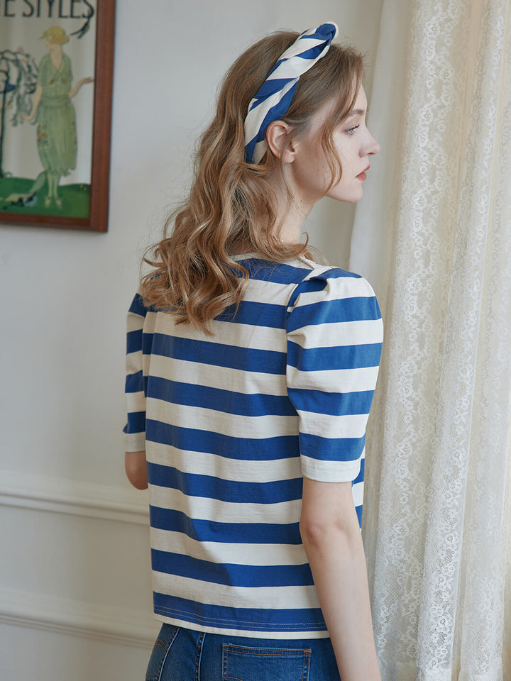 Arya Puff Sleeve Blue Striped T-Shirt/SIMPLE RETRO
