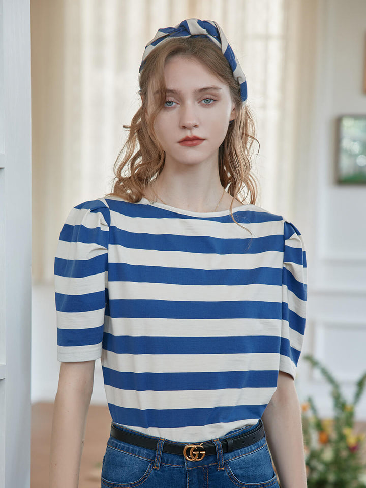Arya Puff Sleeve Blue Striped T-Shirt/SIMPLE RETRO