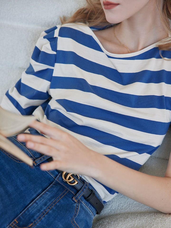 Arya Puff Sleeve Blue Striped T-Shirt/SIMPLE RETRO