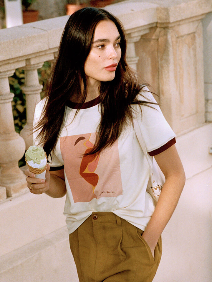 Apolline Red Lip Graphic Yellow T-Shirt/Simple Retro/55156