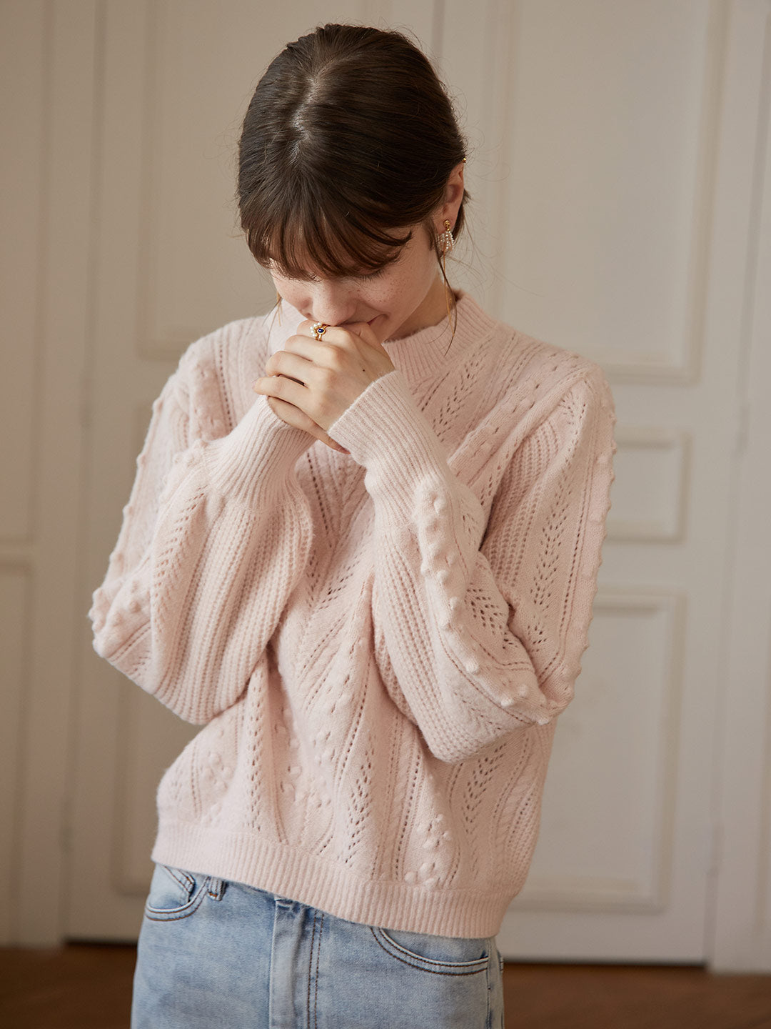 Aimee Cable Chunky Puff Sleeved Creamy Pink Knit Sweater 2026