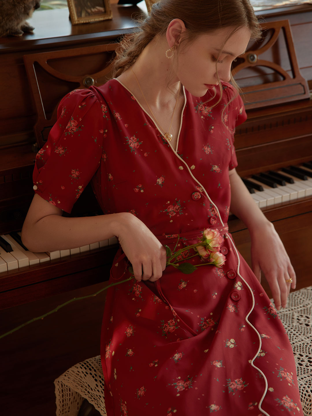 Kimura Floral-Print Midi Dress/Simple Retro/11193