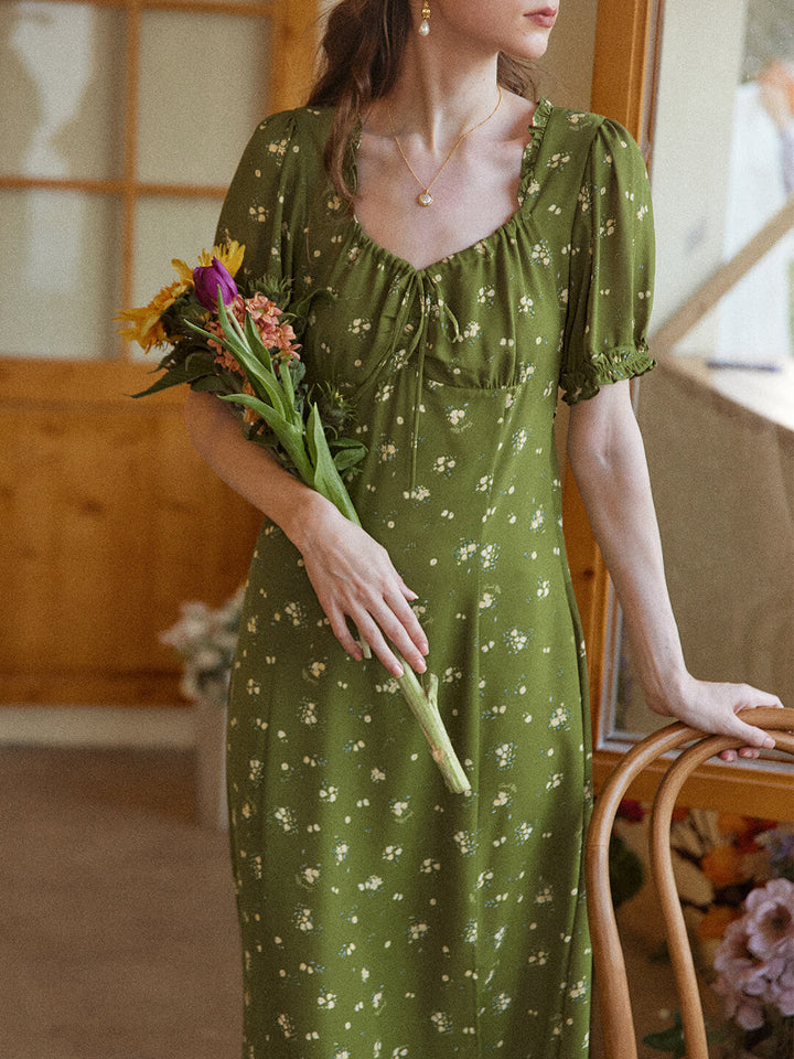Magnolia Printed Floral Green Midi Dress/Simple Retro/11322