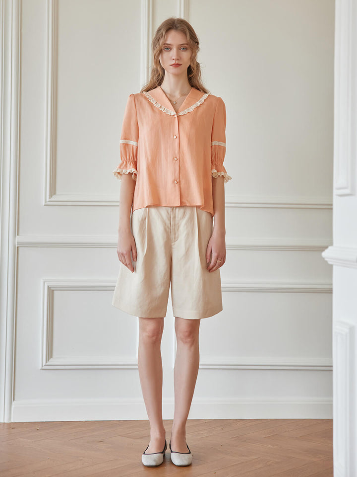 Loane V-neck Lace Orange Blouse/Simple Retro/66068