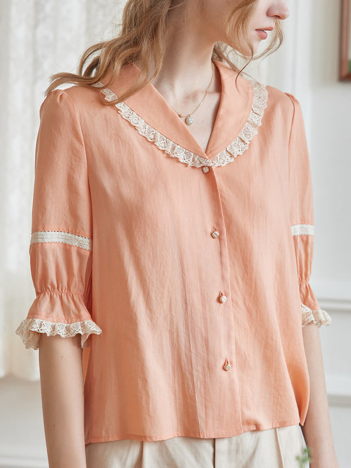 Loane V-neck Lace Orange Blouse/Simple Retro/66068