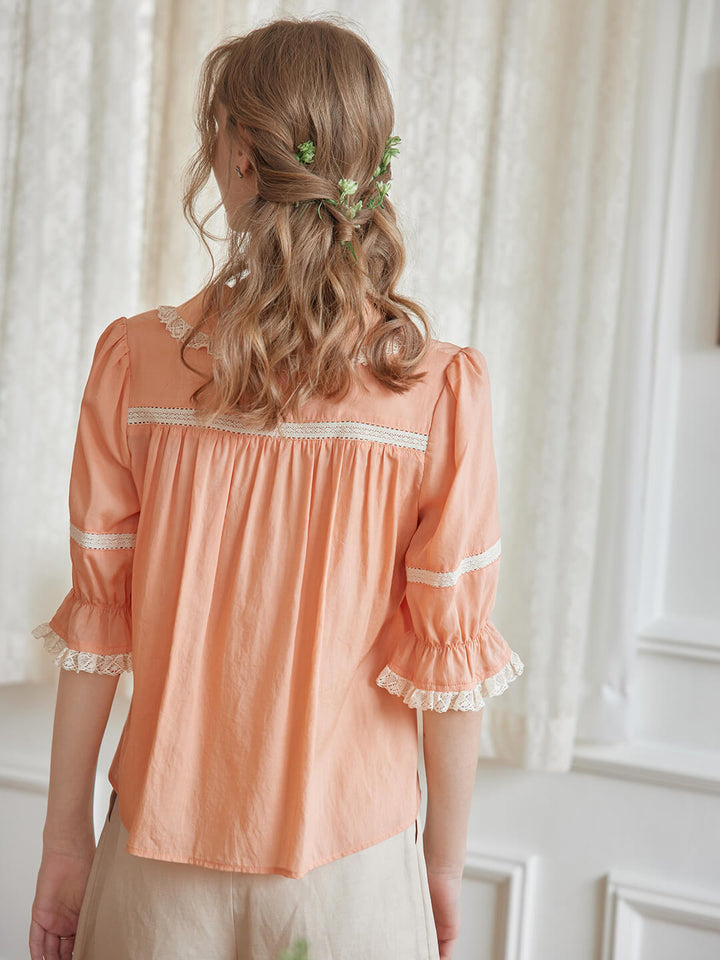 Loane V-neck Lace Orange Blouse/Simple Retro/66068