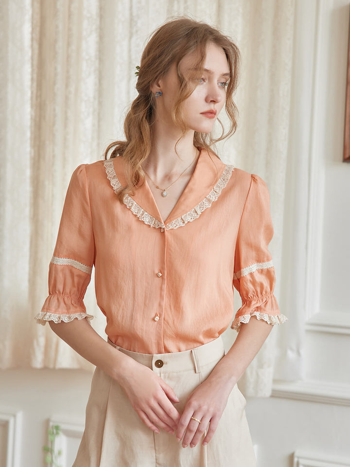 Loane V-neck Lace Orange Blouse/Simple Retro/66068