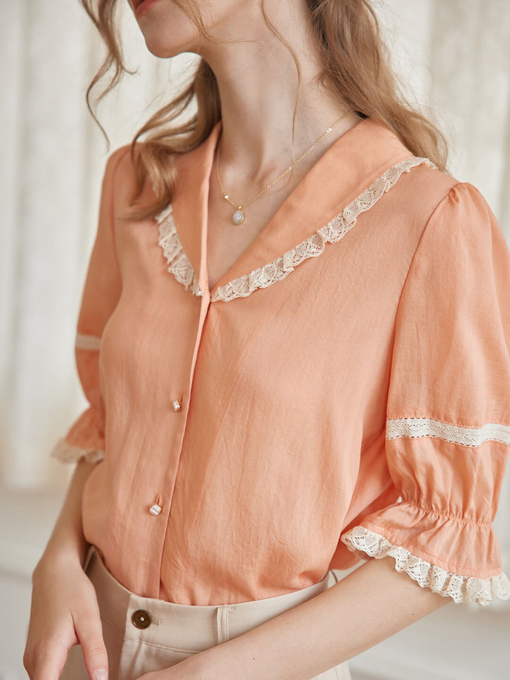 Loane V-neck Lace Orange Blouse/Simple Retro/66068