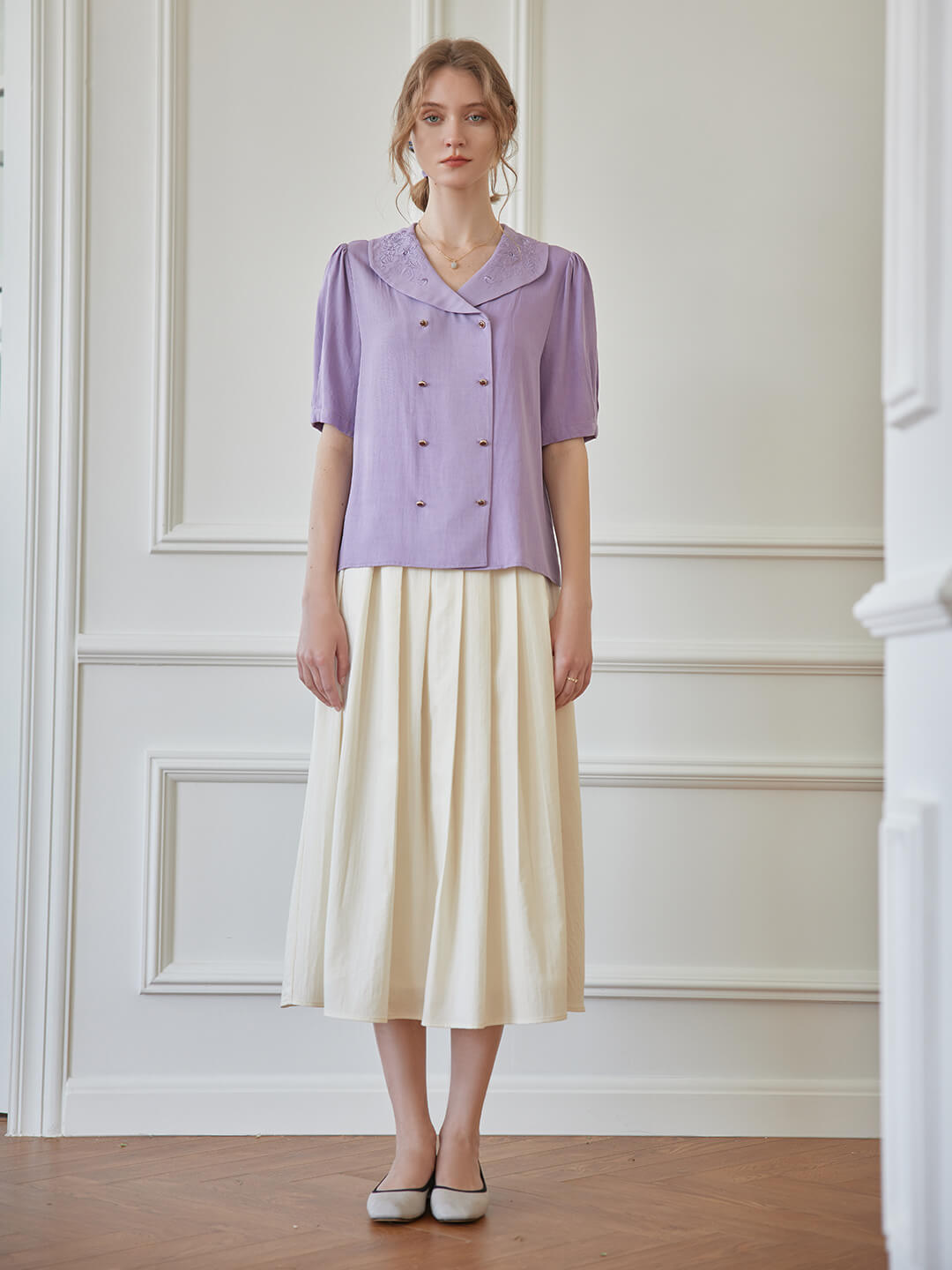 Andrea Flora Embroidered Collar Purple Blouse/Simple Retro/66083