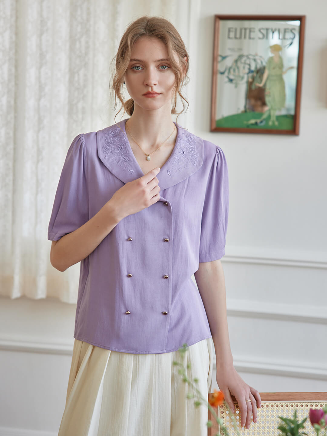 Andrea Flora Embroidered Collar Purple Blouse/Simple Retro/66083