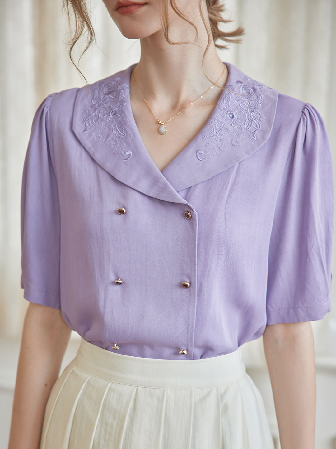Andrea Flora Embroidered Collar Purple Blouse/Simple Retro/66083