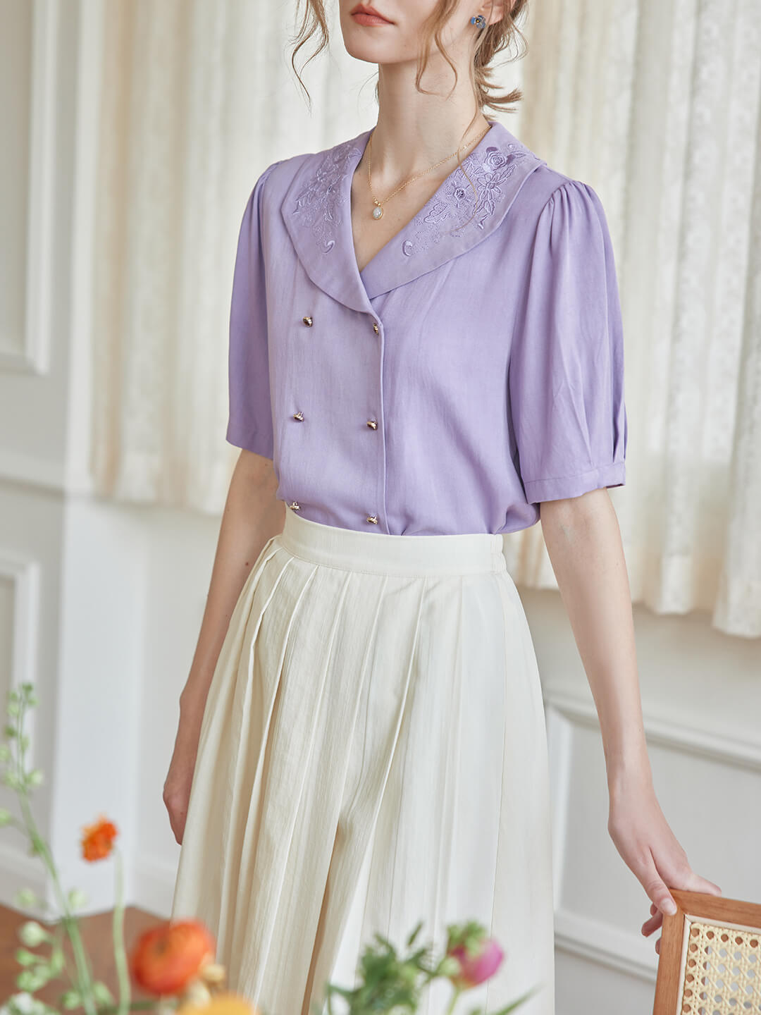 Andrea Flora Embroidered Collar Purple Blouse/Simple Retro/66083