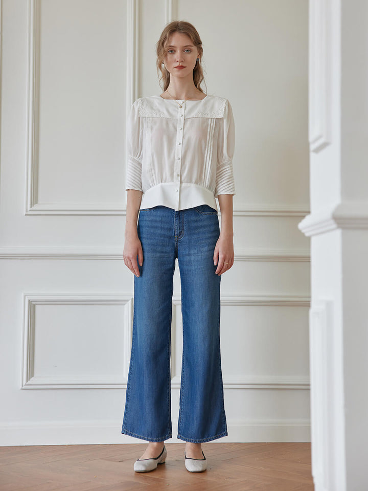 Eliza Floral Embroidered Pleated White Blouse/Simple Retro/66087