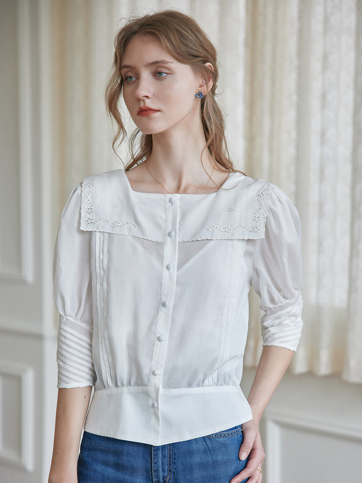 Eliza Floral Embroidered Pleated White Blouse/Simple Retro/66087