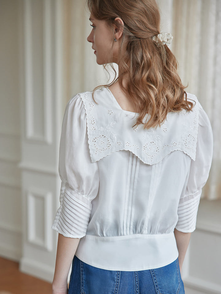 Eliza Floral Embroidered Pleated White Blouse/Simple Retro/66087