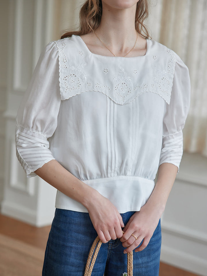 Eliza Floral Embroidered Pleated White Blouse/Simple Retro/66087